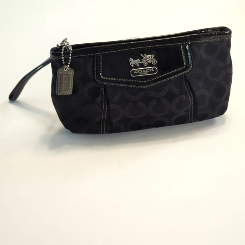 Coach Madison C Canvas Patent Leather Pleated Silver Hardware Wristlet in Black